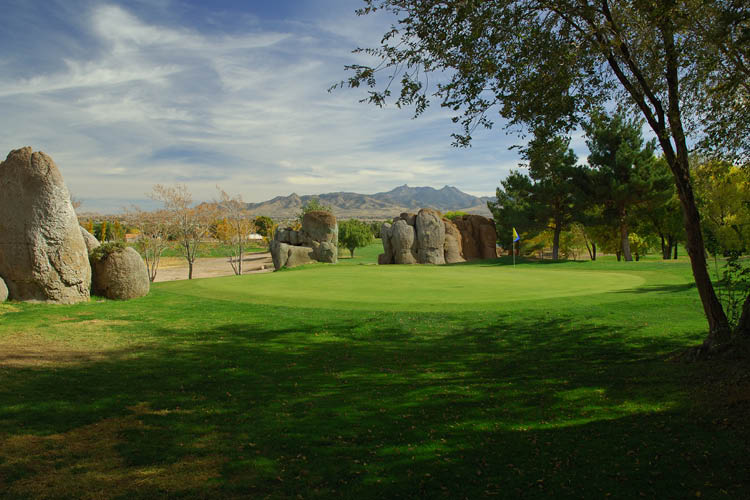 an outdoor scene of a golf course with mountains in the distance