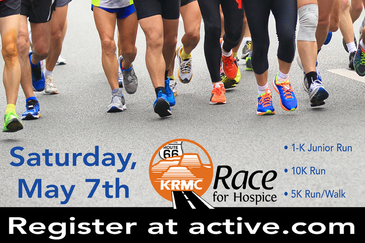 a cropped image of several people's legs as they run on pavement with text that reads "KRMC Race for Hospice, Saturday, May 7th, Register at active.com"