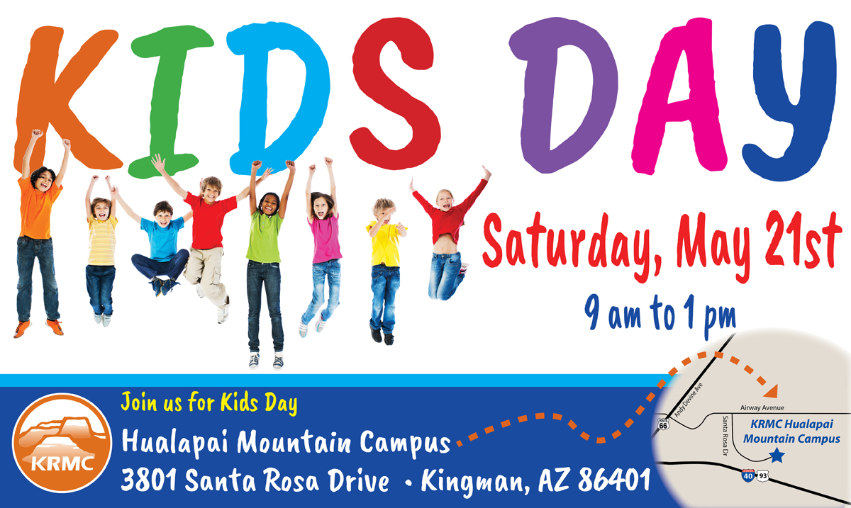 a flyer with text "Kids Day, Saturday May 21st," also shows several kids jumping in the air with arms outstretched 